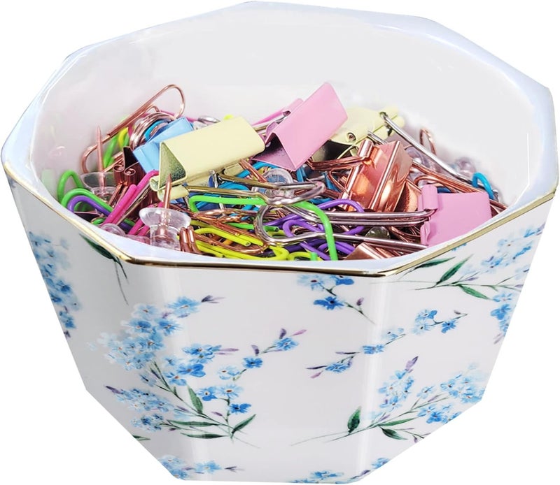 LEAZUL Ceramic Paper Clip Holder With Gold Line Geometric Floral Paper Clip Dispenser for Desk Cute Paper Clip Organizer Office Binder Clip Holder Gift for Office Blue Flowers - Image 1